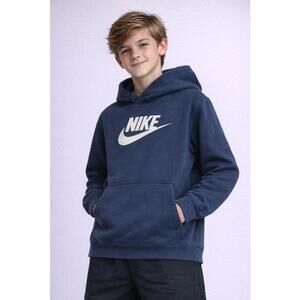 Nike Navy Blue Boys Girls Hoodie YXL Big Swoosh Logo Pullover Sweatshirt Fleece